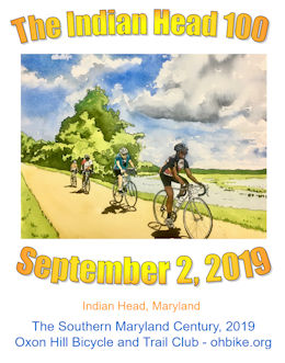 <br>2019 Indian Head 100 t-shirt design.<br>Long sleeve T-shirts are optional, cost $18 each and must be ordered before August 1.<br>The t-shirt artwork by Pete Ulrich shows cyclists<br> on the Indian Head Trail, the final stretch of the Indian Head 100 route.<br>